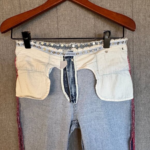 Y2K Vintage Parasuco Mid Rise Clear Rhinestone Raw Waist Flare Leg Jeans Size 4 - Picture 12 of 16